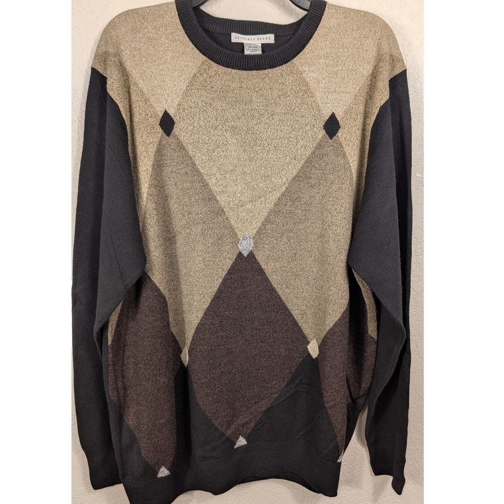 Geoffrey Beene Men's Argyle Sweater XL Black Beige Brown‎ Long Sleeve Crew Neck